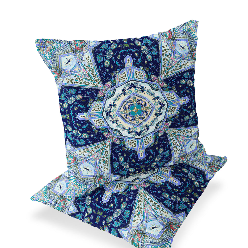 Homeroots Set Of Two 16" X 16" Blue And Green Blown Seam Floral Indoor Outdoor Throw Pillow  Polyester 535538