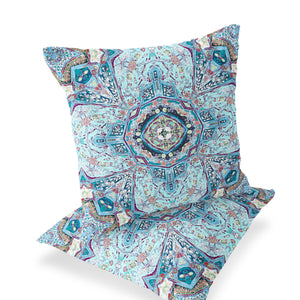 Homeroots Set Of Two 16" X 16" Blue And Pink Blown Seam Floral Indoor Outdoor Throw Pillow  Polyester 535539