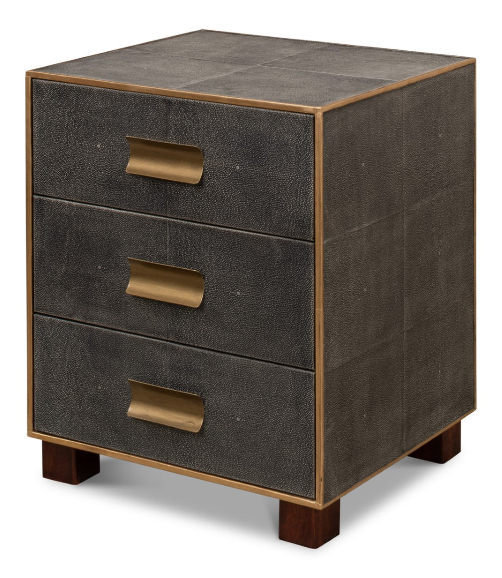 Sarreid Gideon Shagreen 3 Drawer Side Table With Gold Trim And Brass Knobs In Antique Grey Finish Grey  53554-1
