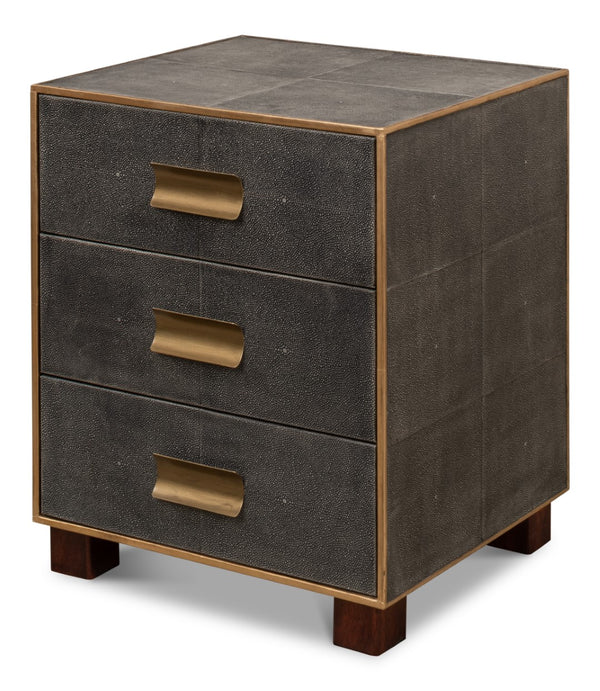 Sarreid Gideon Shagreen 3 Drawer Side Table With Gold Trim And Brass Knobs In Antique Grey Finish Grey  53554-1