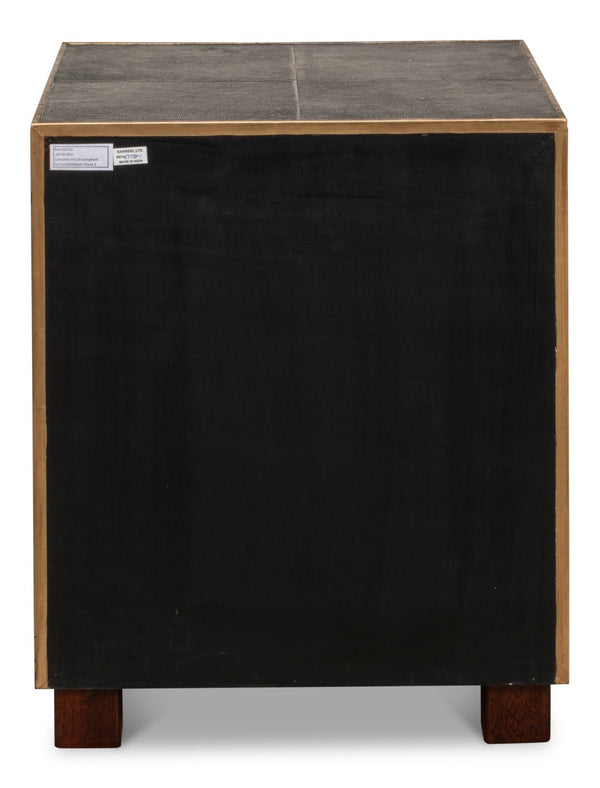 Sarreid Gideon Shagreen 3 Drawer Side Table With Gold Trim And Brass Knobs In Antique Grey Finish Grey  53554-1