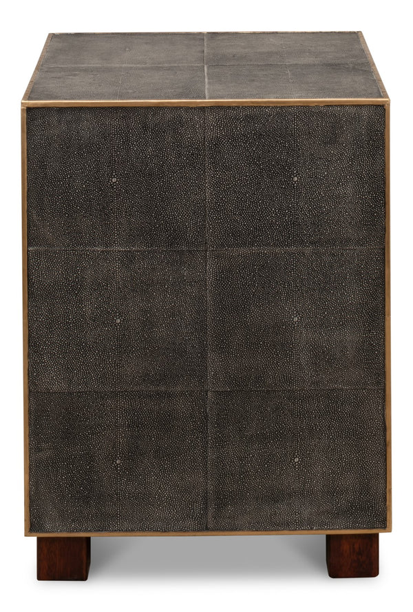 Sarreid Gideon Shagreen 3 Drawer Side Table With Gold Trim And Brass Knobs In Antique Grey Finish Grey  53554-1