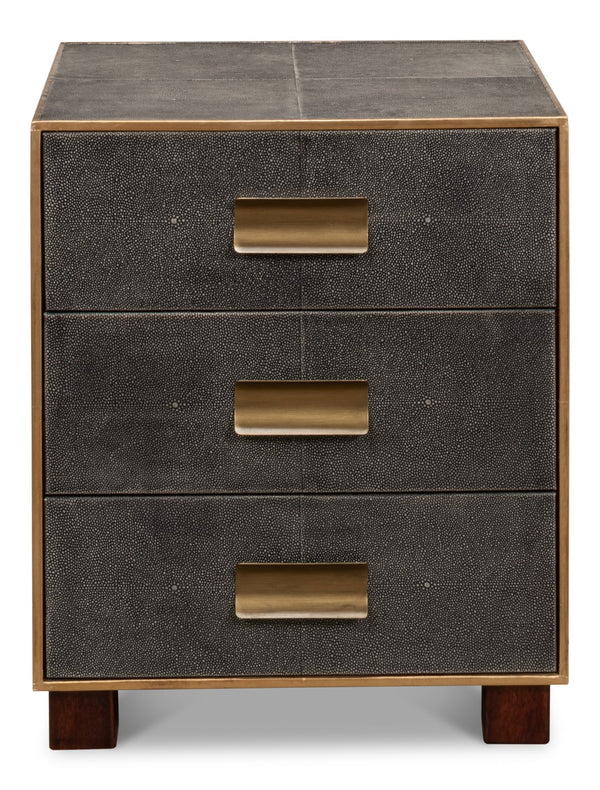 Sarreid Gideon Shagreen 3 Drawer Side Table With Gold Trim And Brass Knobs In Antique Grey Finish Grey  53554-1