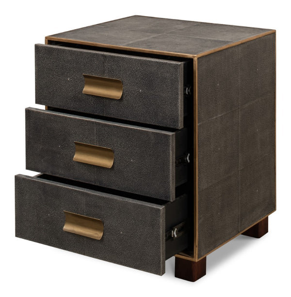 Sarreid Gideon Shagreen 3 Drawer Side Table With Gold Trim And Brass Knobs In Antique Grey Finish Grey  53554-1