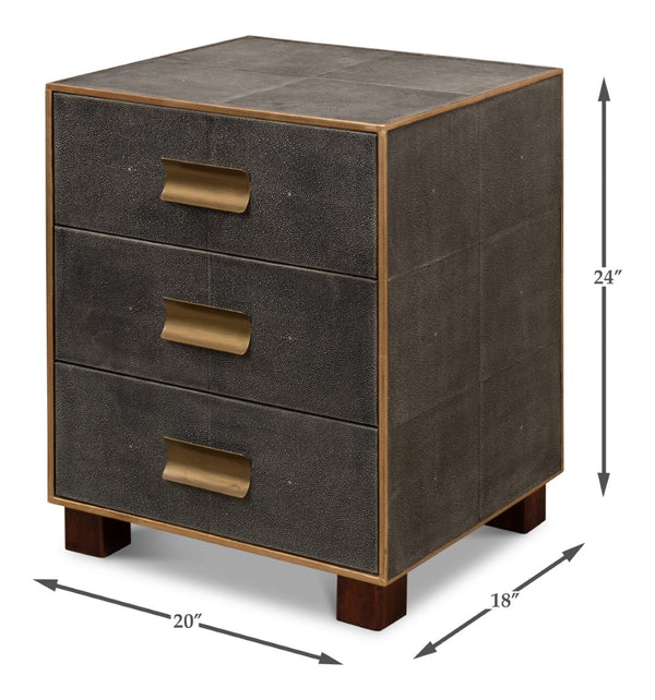 Sarreid Gideon Shagreen 3 Drawer Side Table With Gold Trim And Brass Knobs In Antique Grey Finish Grey  53554-1