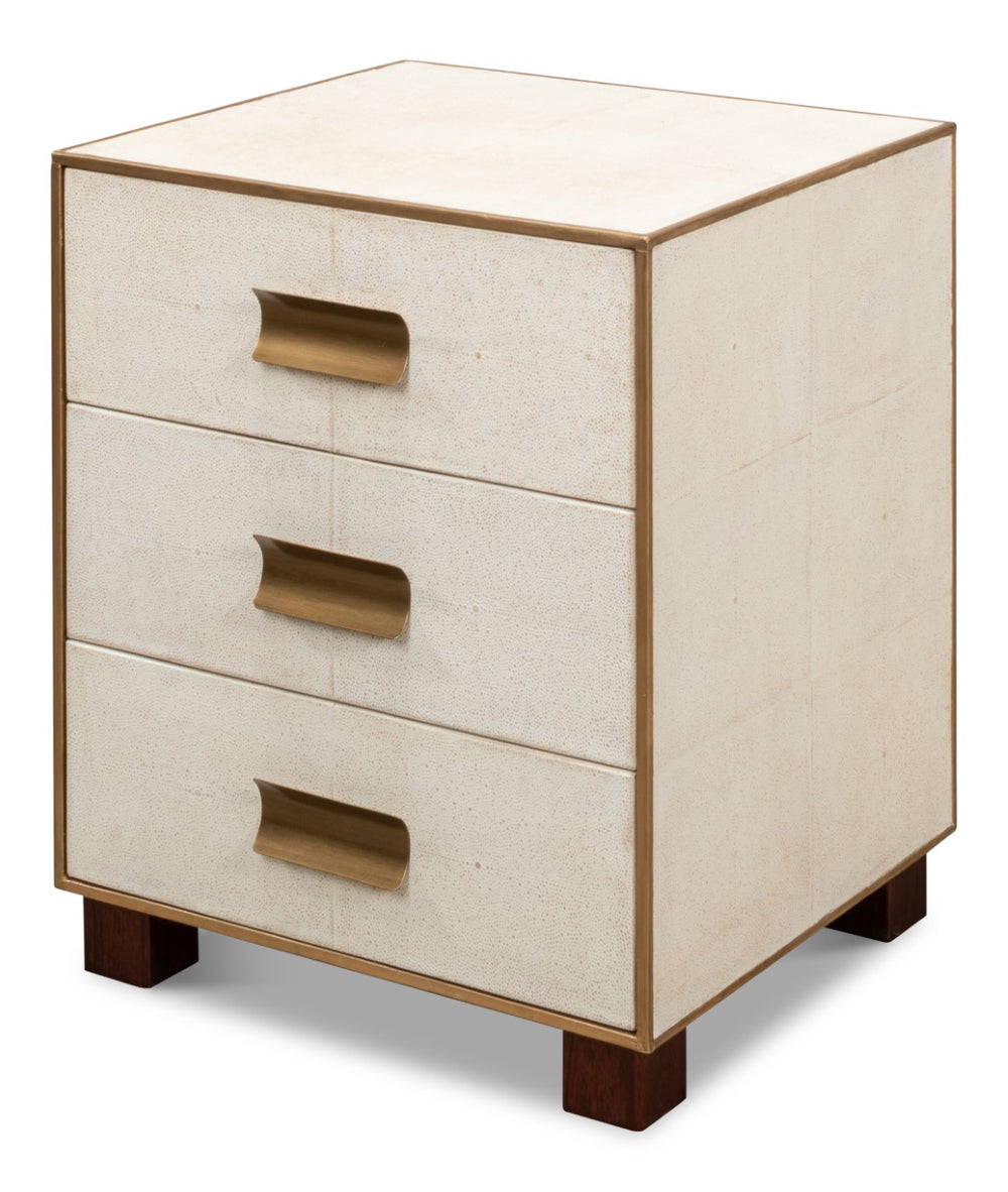 Sarreid Shagreen 3 Drawer Side Table - Elegant Osprey White Finish With Gold Leather Trim & Brass Knobs White  53554-4