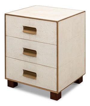 Sarreid Shagreen 3 Drawer Side Table - Elegant Osprey White Finish With Gold Leather Trim & Brass Knobs White  53554-4