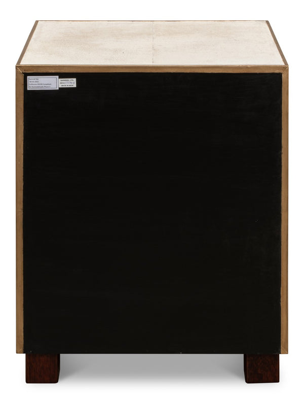 Sarreid Shagreen 3 Drawer Side Table - Elegant Osprey White Finish With Gold Leather Trim & Brass Knobs White  53554-4