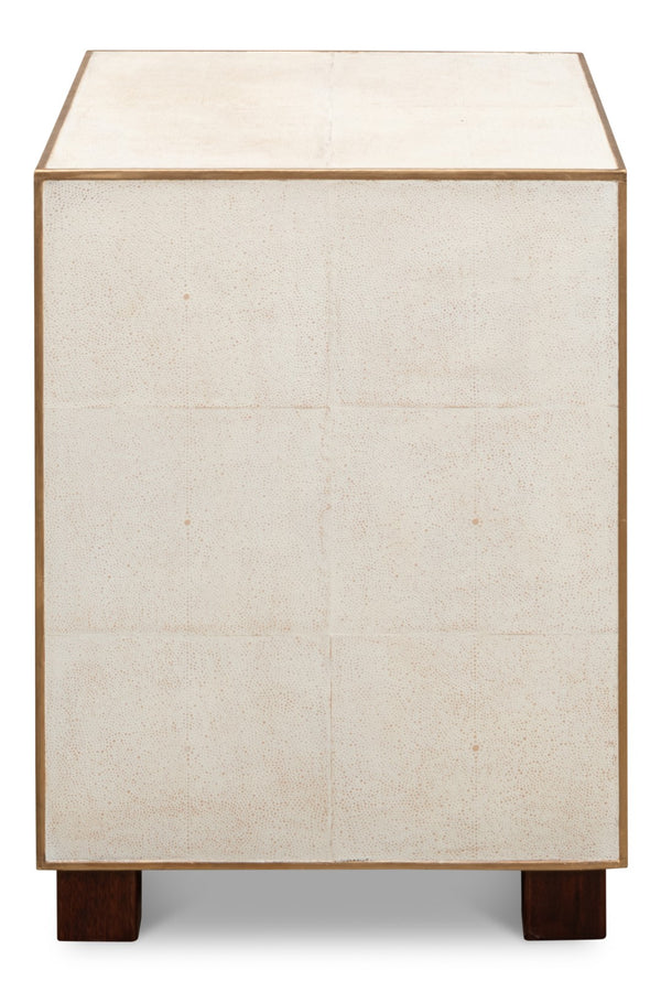 Sarreid Shagreen 3 Drawer Side Table - Elegant Osprey White Finish With Gold Leather Trim & Brass Knobs White  53554-4