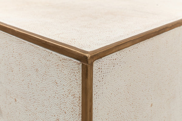 Sarreid Shagreen 3 Drawer Side Table - Elegant Osprey White Finish With Gold Leather Trim & Brass Knobs White  53554-4
