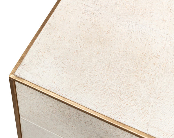 Sarreid Shagreen 3 Drawer Side Table - Elegant Osprey White Finish With Gold Leather Trim & Brass Knobs White  53554-4