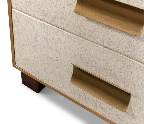 Sarreid Shagreen 3 Drawer Side Table - Elegant Osprey White Finish With Gold Leather Trim & Brass Knobs White  53554-4