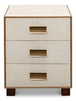 Sarreid Shagreen 3 Drawer Side Table - Elegant Osprey White Finish With Gold Leather Trim & Brass Knobs White  53554-4