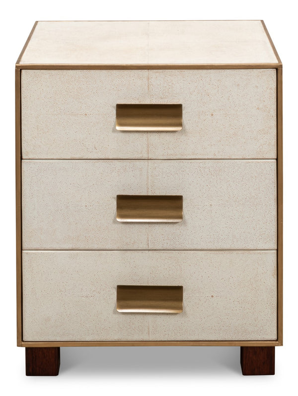 Sarreid Shagreen 3 Drawer Side Table - Elegant Osprey White Finish With Gold Leather Trim & Brass Knobs White  53554-4