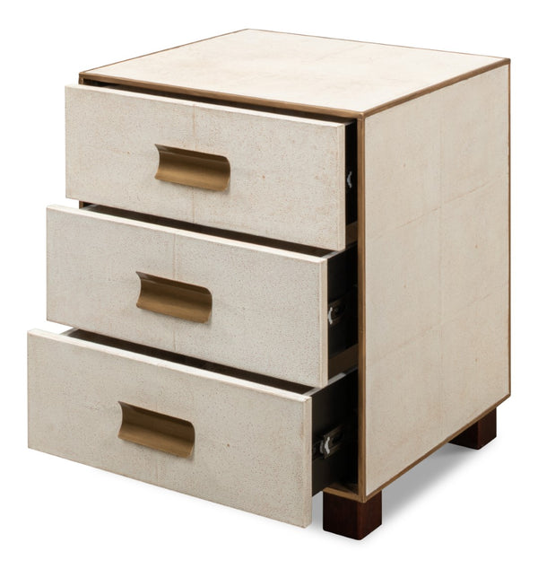 Sarreid Shagreen 3 Drawer Side Table - Elegant Osprey White Finish With Gold Leather Trim & Brass Knobs White  53554-4