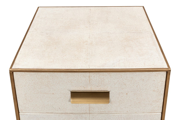 Sarreid Shagreen 3 Drawer Side Table - Elegant Osprey White Finish With Gold Leather Trim & Brass Knobs White  53554-4