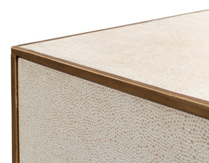 Sarreid Shagreen 3 Drawer Side Table - Elegant Osprey White Finish With Gold Leather Trim & Brass Knobs White  53554-4