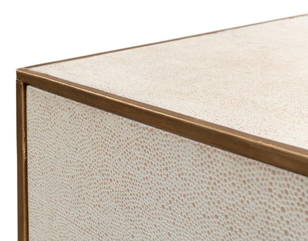 Sarreid Shagreen 3 Drawer Side Table - Elegant Osprey White Finish With Gold Leather Trim & Brass Knobs White  53554-4