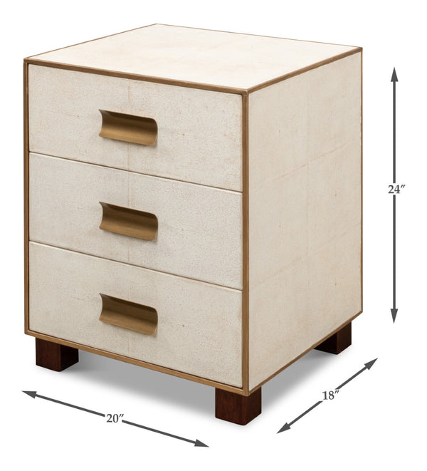 Sarreid Shagreen 3 Drawer Side Table - Elegant Osprey White Finish With Gold Leather Trim & Brass Knobs White  53554-4