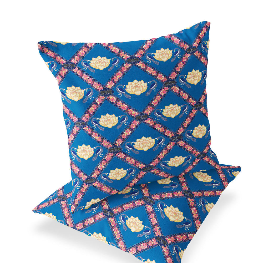 Homeroots Set Of Two 16" X 16" Blue And Pink Peacock Blown Seam Floral Indoor Outdoor Throw Pillow  Polyester 535542