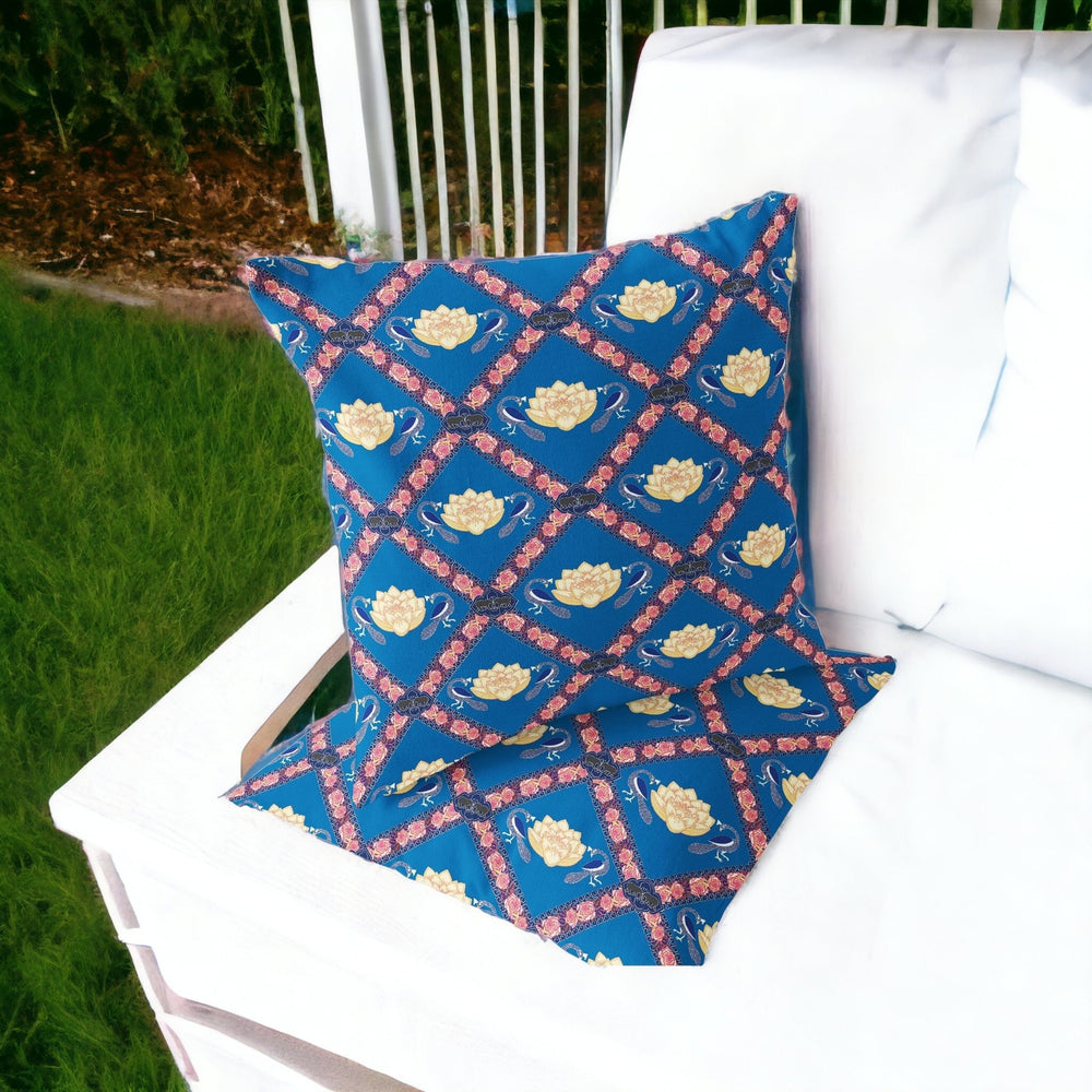 Homeroots Set Of Two 16" X 16" Blue And Pink Peacock Blown Seam Floral Indoor Outdoor Throw Pillow  Polyester 535542