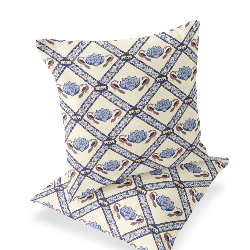 Homeroots Set Of Two 16" X 16" Blue And Brown Peacock Blown Seam Floral Indoor Outdoor Throw Pillow  Polyester 535543