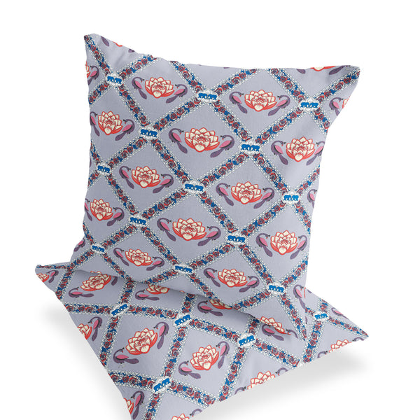 Homeroots Set Of Two 16" X 16" Blue And Gray Peacock Blown Seam Floral Indoor Outdoor Throw Pillow  Polyester 535546