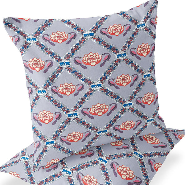Homeroots Set Of Two 16" X 16" Blue And Gray Peacock Blown Seam Floral Indoor Outdoor Throw Pillow  Polyester 535546
