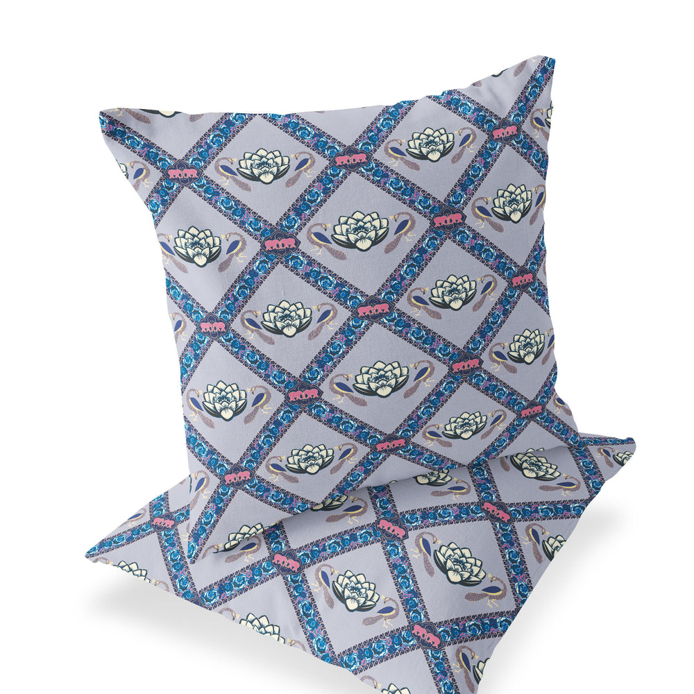 Homeroots Set Of Two 16" X 16" Blue And Gray Peacock Blown Seam Floral Indoor Outdoor Throw Pillow  Polyester 535547