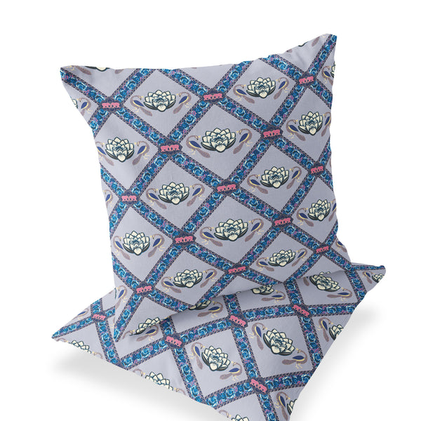 Homeroots Set Of Two 16" X 16" Blue And Gray Peacock Blown Seam Floral Indoor Outdoor Throw Pillow  Polyester 535547
