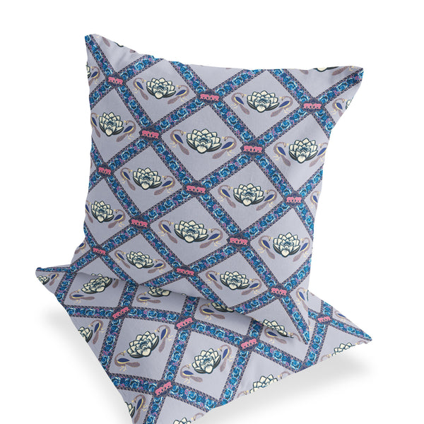 Homeroots Set Of Two 16" X 16" Blue And Gray Peacock Blown Seam Floral Indoor Outdoor Throw Pillow  Polyester 535547