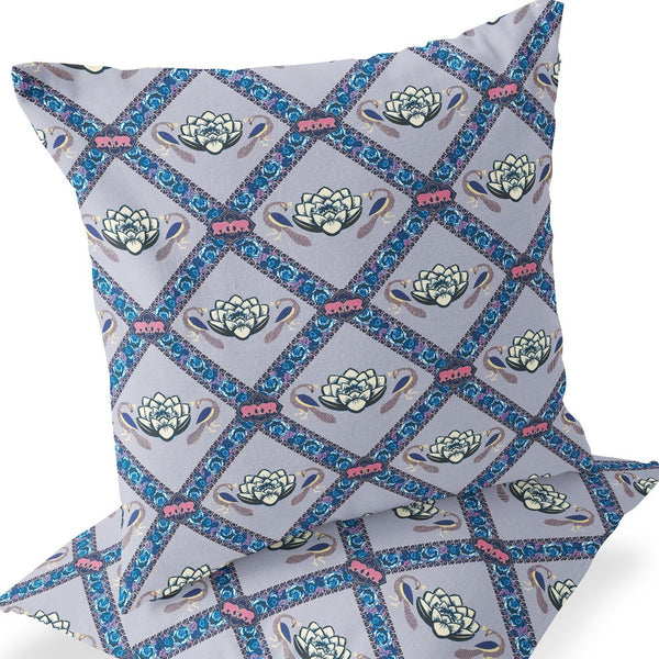 Homeroots Set Of Two 16" X 16" Blue And Gray Peacock Blown Seam Floral Indoor Outdoor Throw Pillow  Polyester 535547