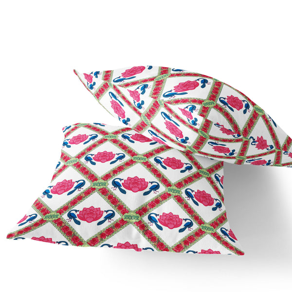 Homeroots Set Of Two 16" X 16" Pink And White Peacock Blown Seam Floral Indoor Outdoor Throw Pillow  Polyester 535549