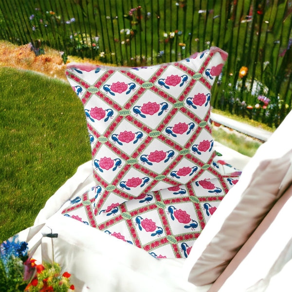 Homeroots Set Of Two 16" X 16" Pink And White Peacock Blown Seam Floral Indoor Outdoor Throw Pillow  Polyester 535549