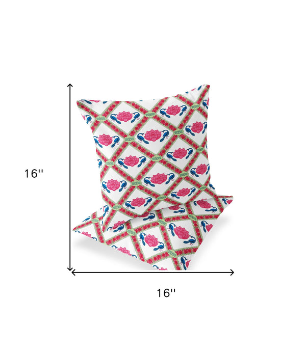Homeroots Set Of Two 16" X 16" Pink And White Peacock Blown Seam Floral Indoor Outdoor Throw Pillow  Polyester 535549