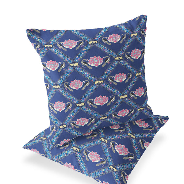 Homeroots Set Of Two 16" X 16" Blue And Purple Peacock Blown Seam Floral Indoor Outdoor Throw Pillow  Polyester 535550