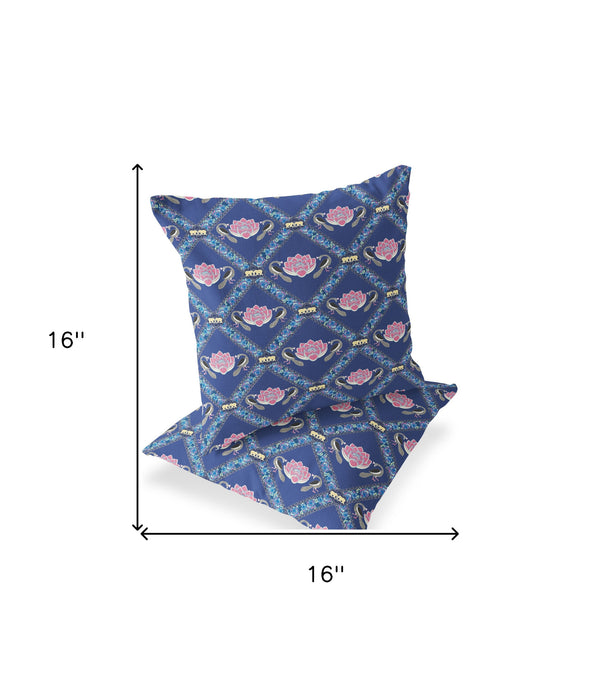Homeroots Set Of Two 16" X 16" Blue And Purple Peacock Blown Seam Floral Indoor Outdoor Throw Pillow  Polyester 535550