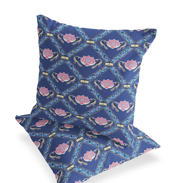 Homeroots Set Of Two 16" X 16" Blue And Purple Peacock Blown Seam Floral Indoor Outdoor Throw Pillow  Polyester 535550