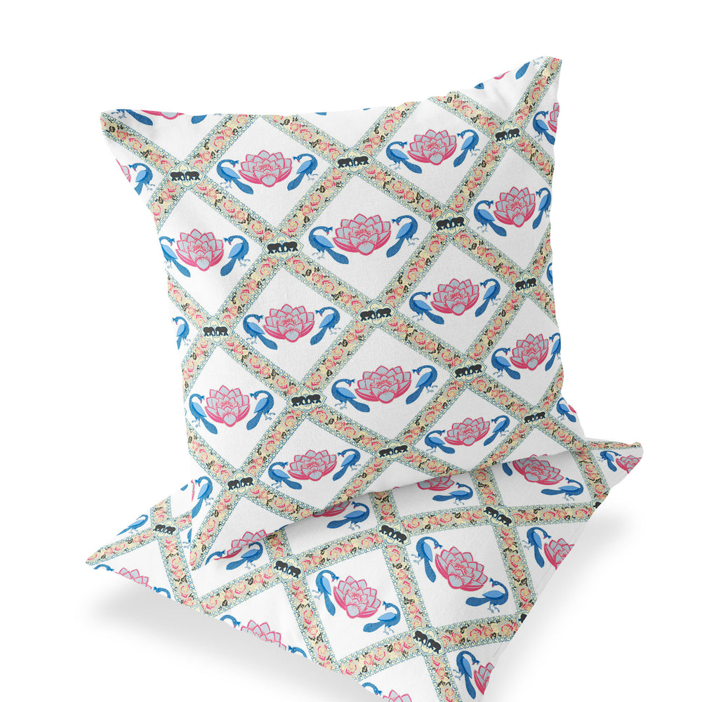 Homeroots Set Of Two 16" X 16" Blue And White Peacock Blown Seam Floral Indoor Outdoor Throw Pillow  Polyester 535551