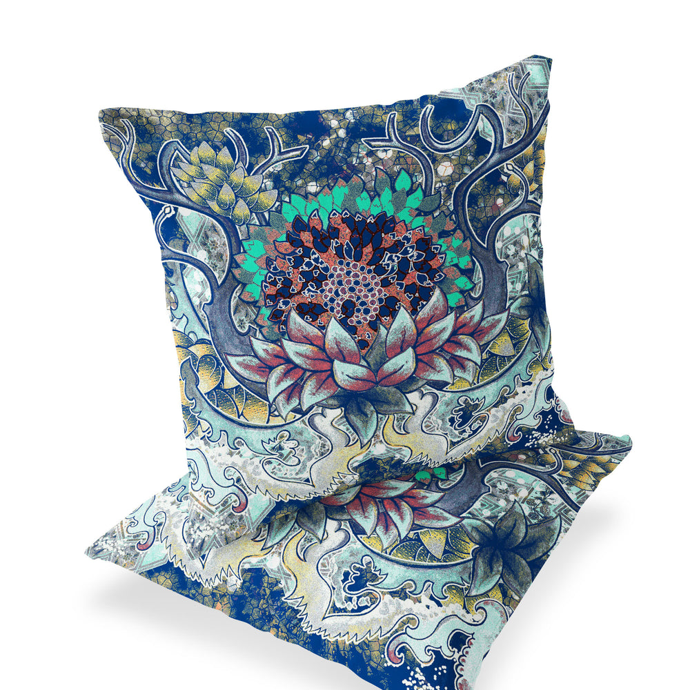 Homeroots Set Of Two 16" X 16" Blue And Yellow Blown Seam Floral Indoor Outdoor Throw Pillow  Polyester 535553