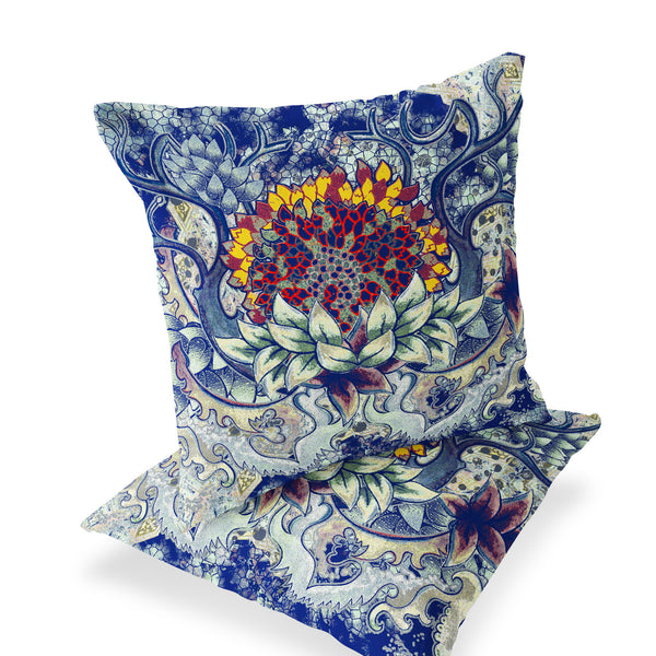 Homeroots Set Of Two 16" X 16" Blue And Yellow Blown Seam Floral Indoor Outdoor Throw Pillow  Polyester 535554