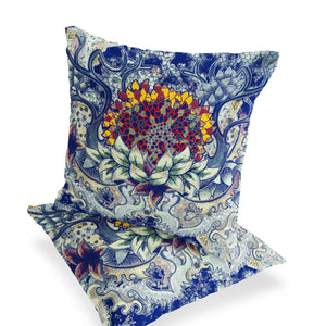 Homeroots Set Of Two 16" X 16" Blue And Yellow Blown Seam Floral Indoor Outdoor Throw Pillow  Polyester 535554