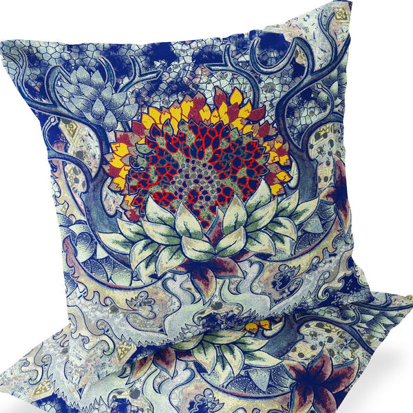 Homeroots Set Of Two 16" X 16" Blue And Yellow Blown Seam Floral Indoor Outdoor Throw Pillow  Polyester 535554