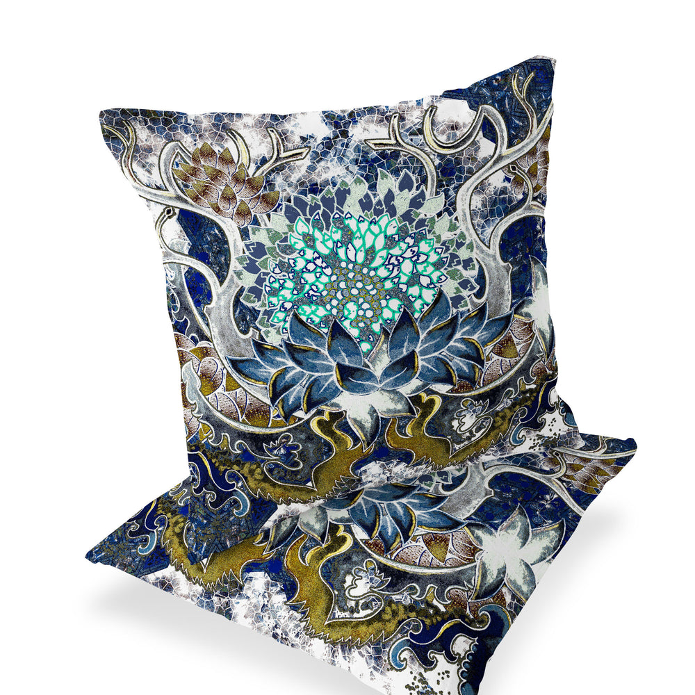 Homeroots Set Of Two 16" X 16" Blue And Green Blown Seam Floral Indoor Outdoor Throw Pillow  Polyester 535555