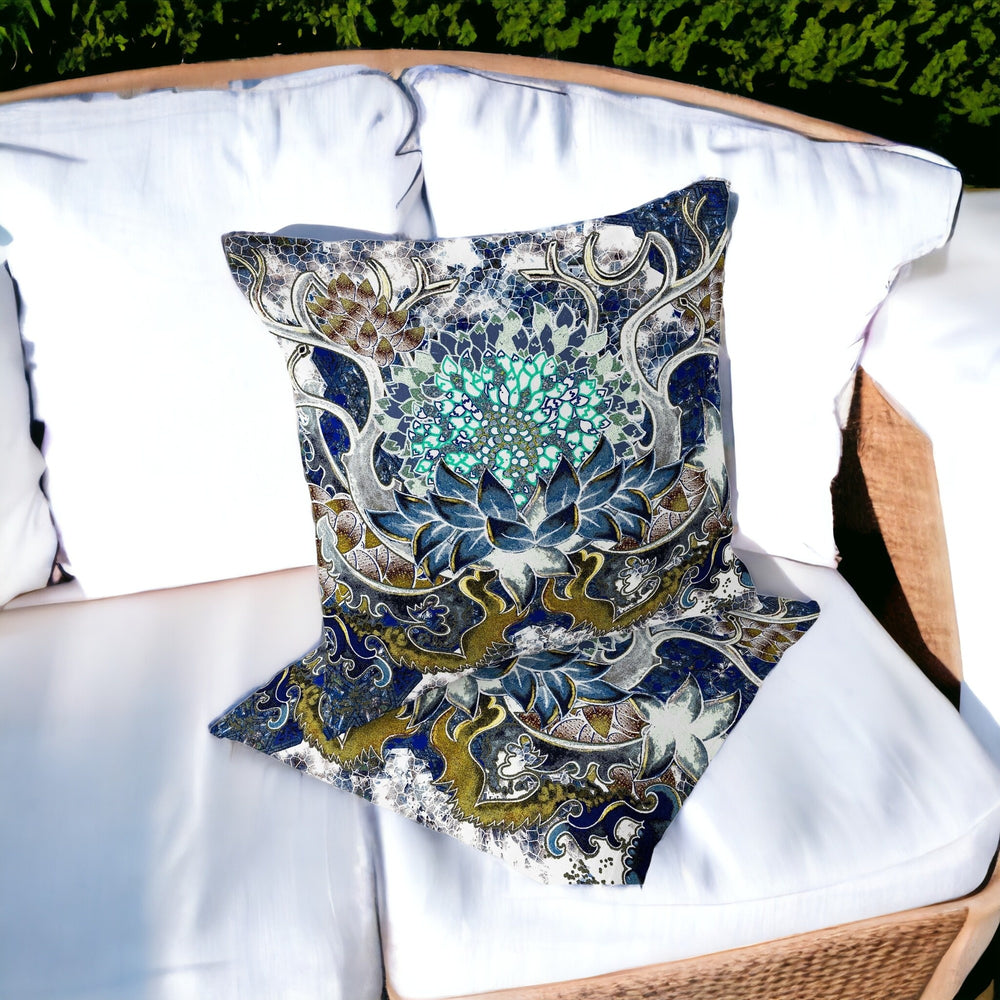 Homeroots Set Of Two 16" X 16" Blue And Green Blown Seam Floral Indoor Outdoor Throw Pillow  Polyester 535555
