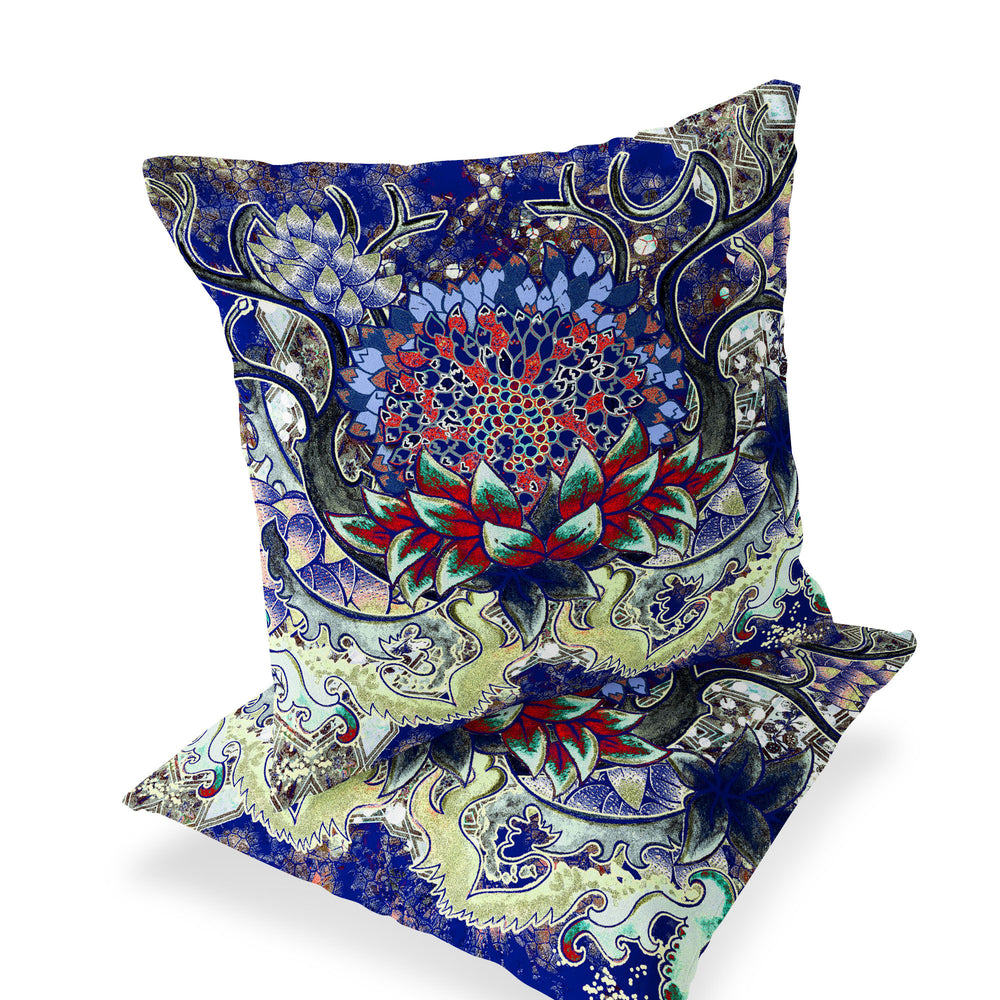Homeroots Set Of Two 16" X 16" Blue And Green Blown Seam Floral Indoor Outdoor Throw Pillow  Polyester 535556