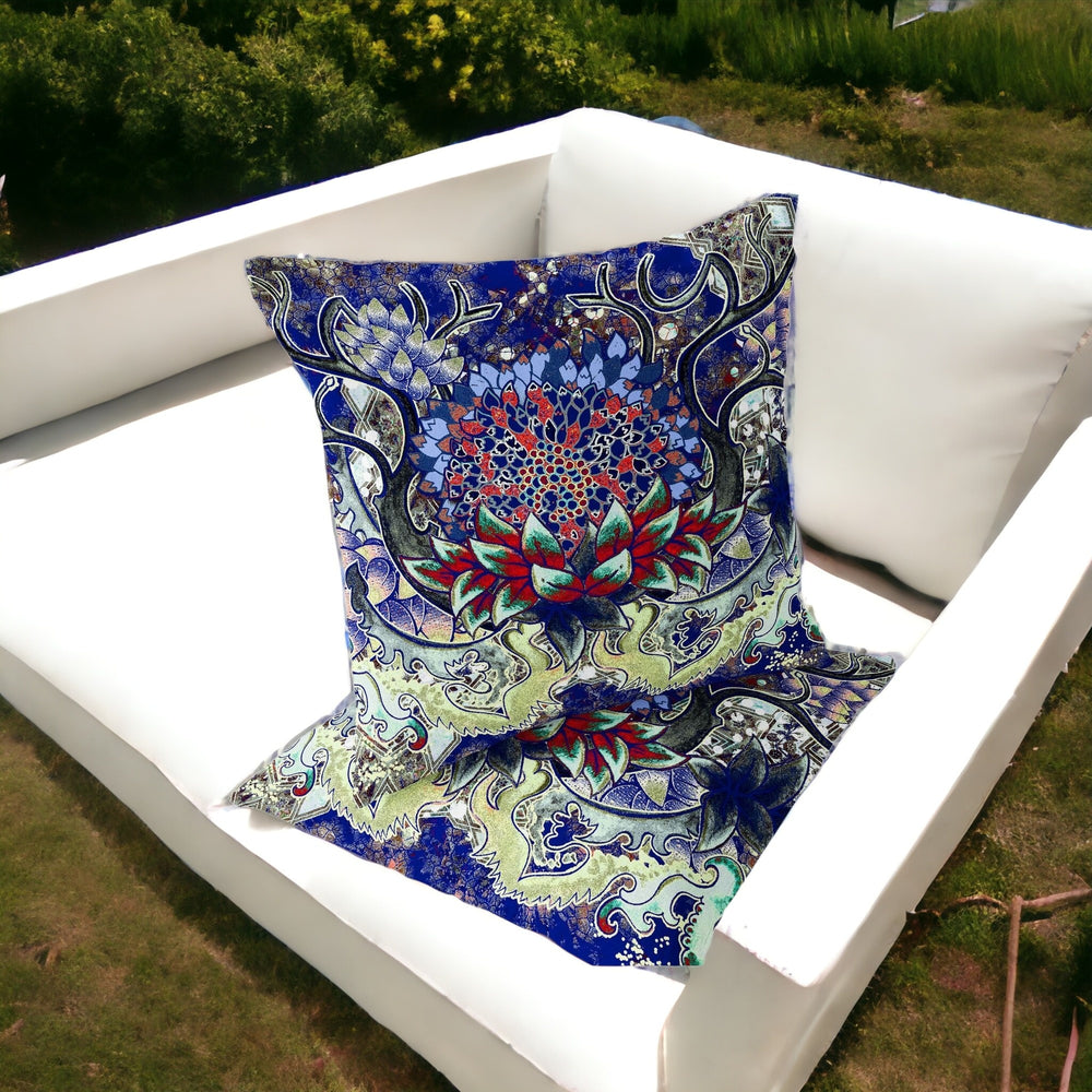 Homeroots Set Of Two 16" X 16" Blue And Green Blown Seam Floral Indoor Outdoor Throw Pillow  Polyester 535556