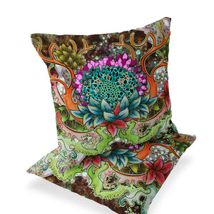 Homeroots Set Of Two 16" X 16" Green And Pink Blown Seam Floral Indoor Outdoor Throw Pillow  Polyester 535558