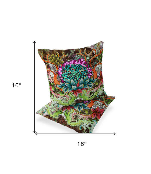 Homeroots Set Of Two 16" X 16" Green And Pink Blown Seam Floral Indoor Outdoor Throw Pillow  Polyester 535558
