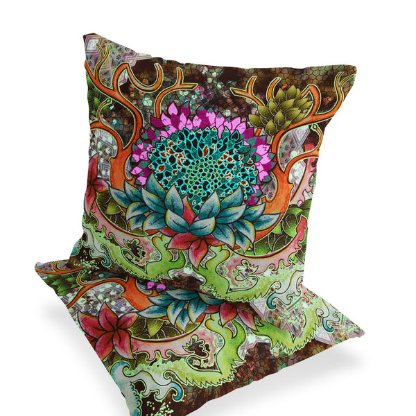 Homeroots Set Of Two 16" X 16" Green And Pink Blown Seam Floral Indoor Outdoor Throw Pillow  Polyester 535558